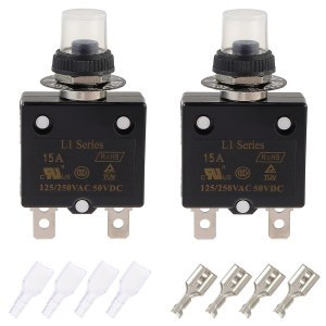 Disyuntor de botón de reinicio manual de 15 A, 125250 V, CA, 50 V, CC, protector de sobrecarga térmica con terminales de conexión rápida y tapas de Disyuntor de botón de reinicio manual de 15 A, 125250 V, CA, 50 V, CC, protector de sobrecarga térmica con terminales de conexión rápida y tapas de