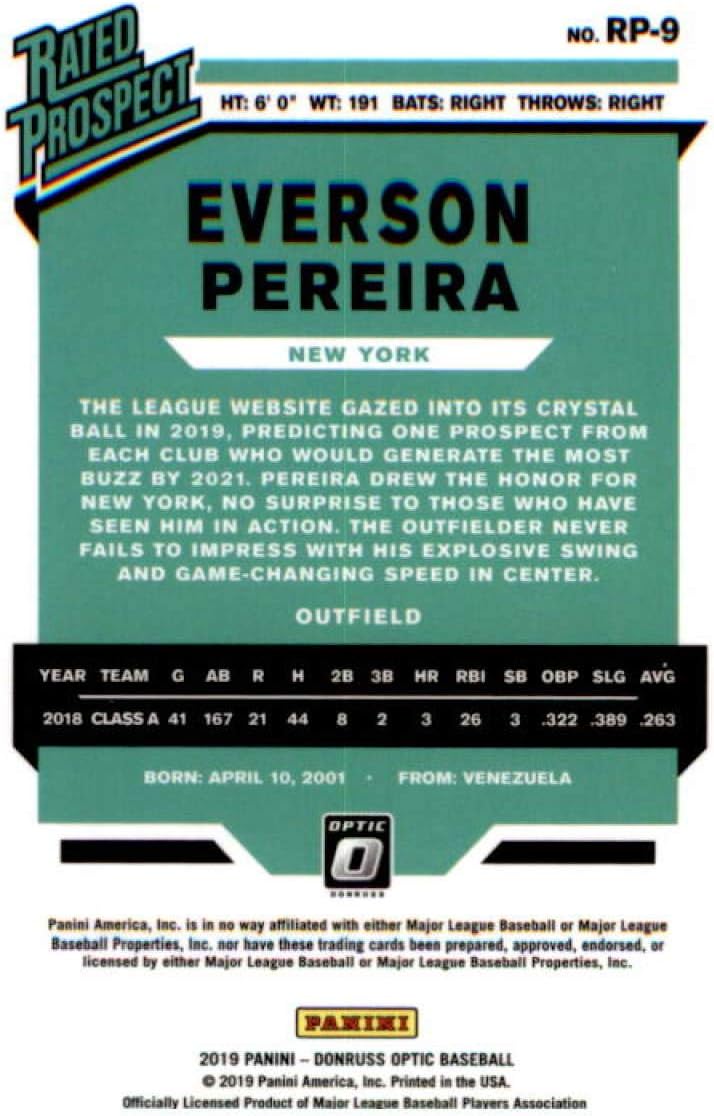 2019 Donruss Optic Rated Prospects #9 Everson Pereira New York Yankees Baseball Card