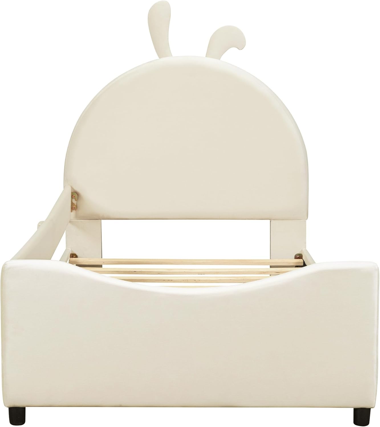 Cama tapizada de tamaño individual con cabecera en forma de conejo, marco de cama de plataforma baja con rieles, sofá cama de terciopelo con soporte