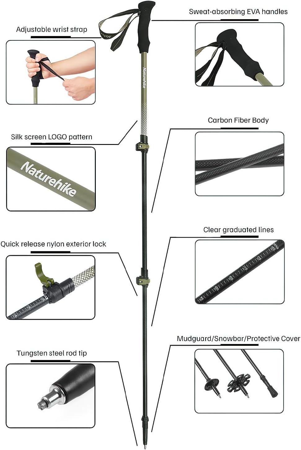 Naturehike – Bastones de senderismo de fibra de carbono 3K, plegables y telescópicos, 3 secciones, ultraligeros para mujeres y hombres, bastones de
