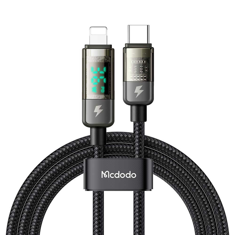mcdodo Cable USB C a iluminación, cable de datos transparente, cargador PD, pantalla digital, apagado automático, protección de doble núcleo de 36 W