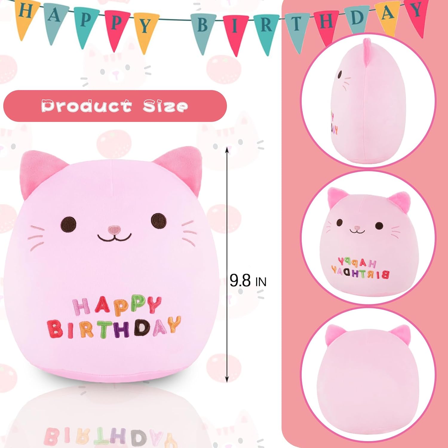 Almohada de felpa de cumpleaños de gato de 9 pulgadas, lindo juguete de peluche de cumpleaños de gato rosa, decoración de fiesta de cumpleaños,