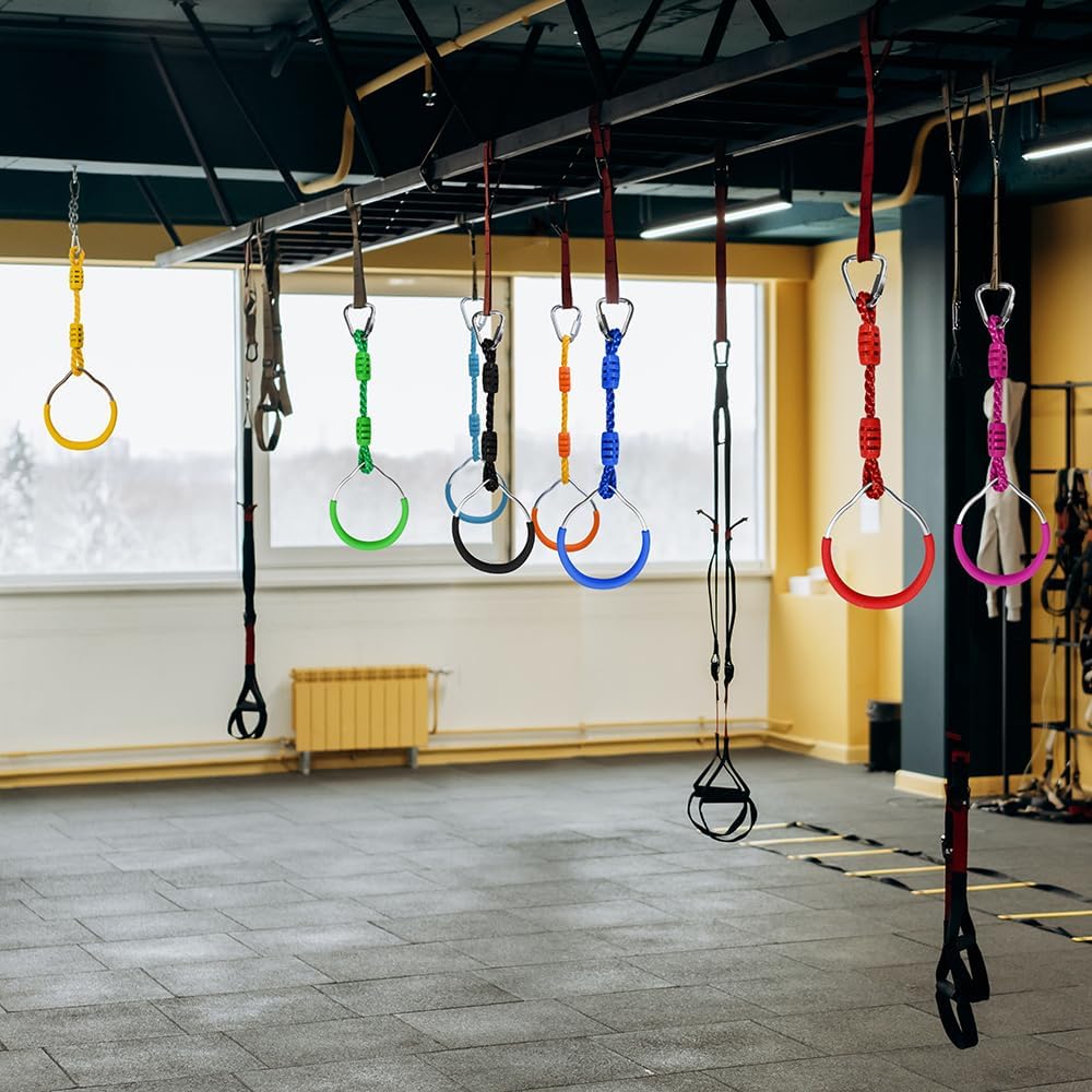 Deermon Anillos de gimnasia colgantes para marcos de escalada y columpios de jardín al aire libre, anillo ninja para niños, anillo de obstáculos de