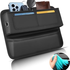 Organizador de espacio para asiento de automóvil con gel limpiador, organizador de cuero ajustable para asiento delantero con 2 orificios para cable Organizador de espacio para asiento de automóvil con gel limpiador, organizador de cuero ajustable para asiento delantero con 2 orificios para cable