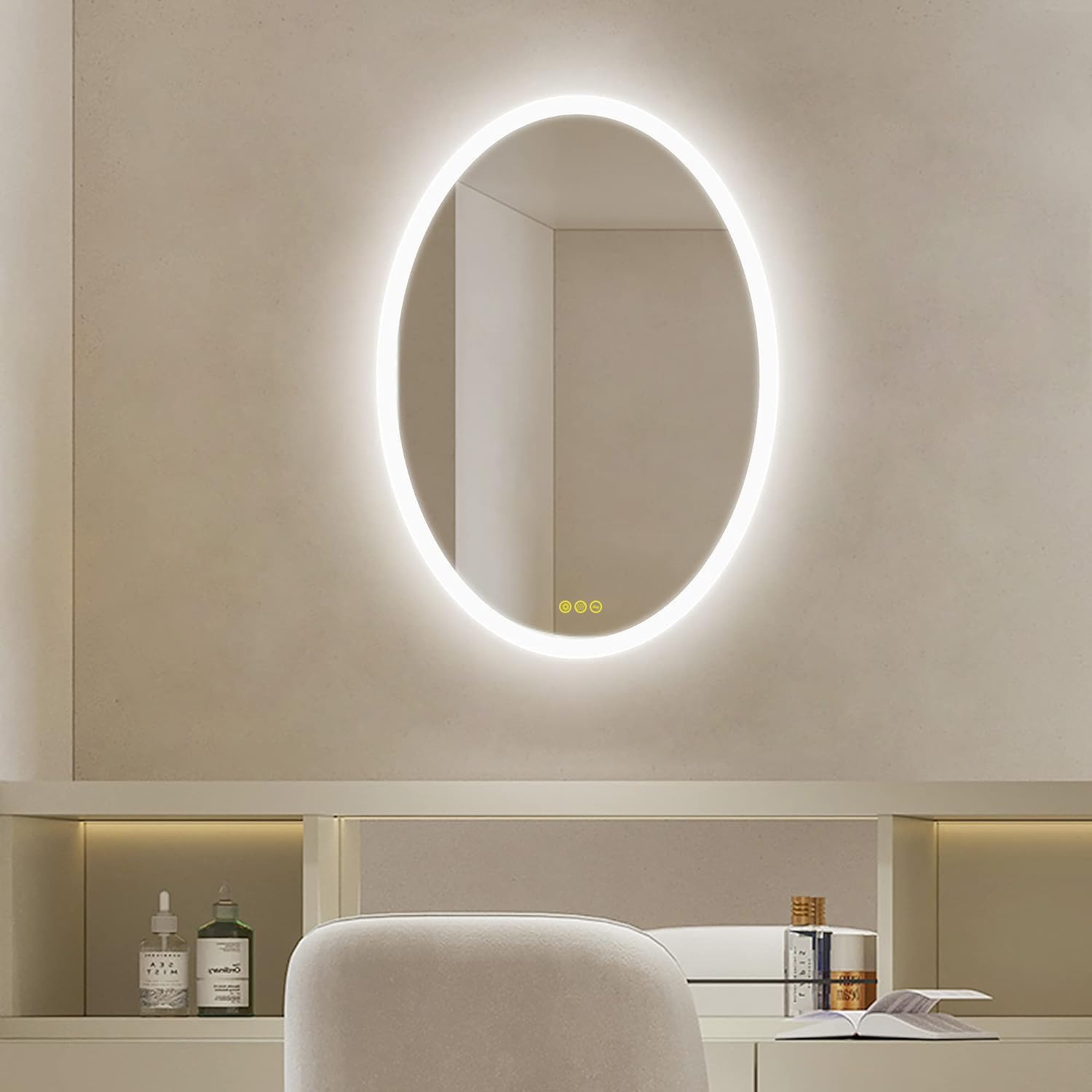 CITYMODA Espejo LED ovalado de baño de 20 x 28 pulgadas, espejo ovalado iluminado de 3 colores, espejo LED regulable para baño, antiniebla, montado