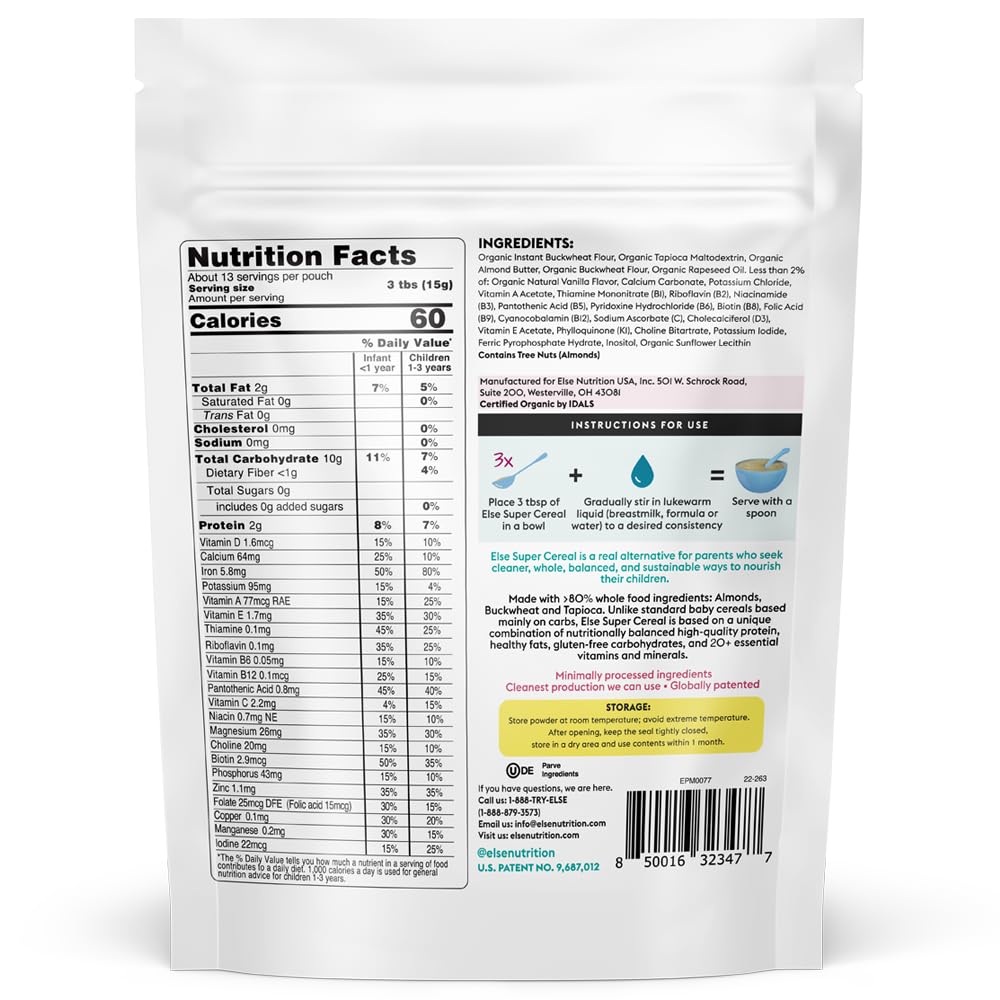 Else Nutrition Cereal de alto contenido de hierro para bebés de 6 meses +, fabricado con plantas enteras reales para una comida nutricionalmente