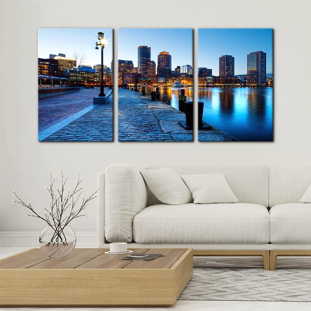 Pacimo 3 piezas de arte de pared en lienzo de paisaje urbano  Puerto de Boston y distrito financiero en Boston Massachusetts en imágenes al