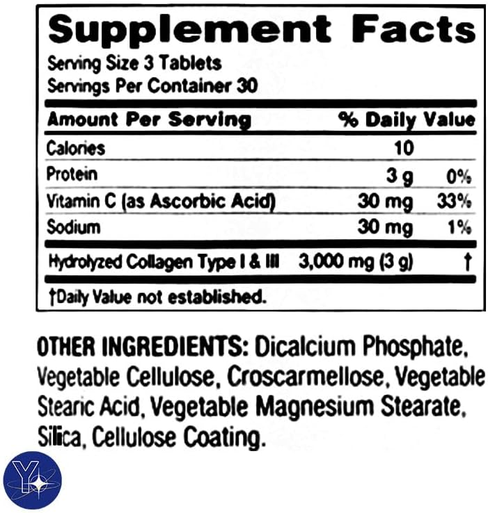 Colágeno tipo 1 y 3 Plus Vitamina C para el cabellopiellas uñas Salud Suplemento dietético Tabletas Spring Valley, 1,000 mg, 90 unidades y marcador