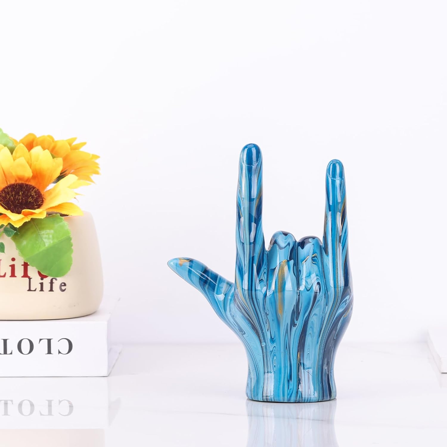 Decoración de escritorio con estatua de gesto con texto en inglés “I and Love and You”, decoración de letrero de paz azul para el hogar, escultura