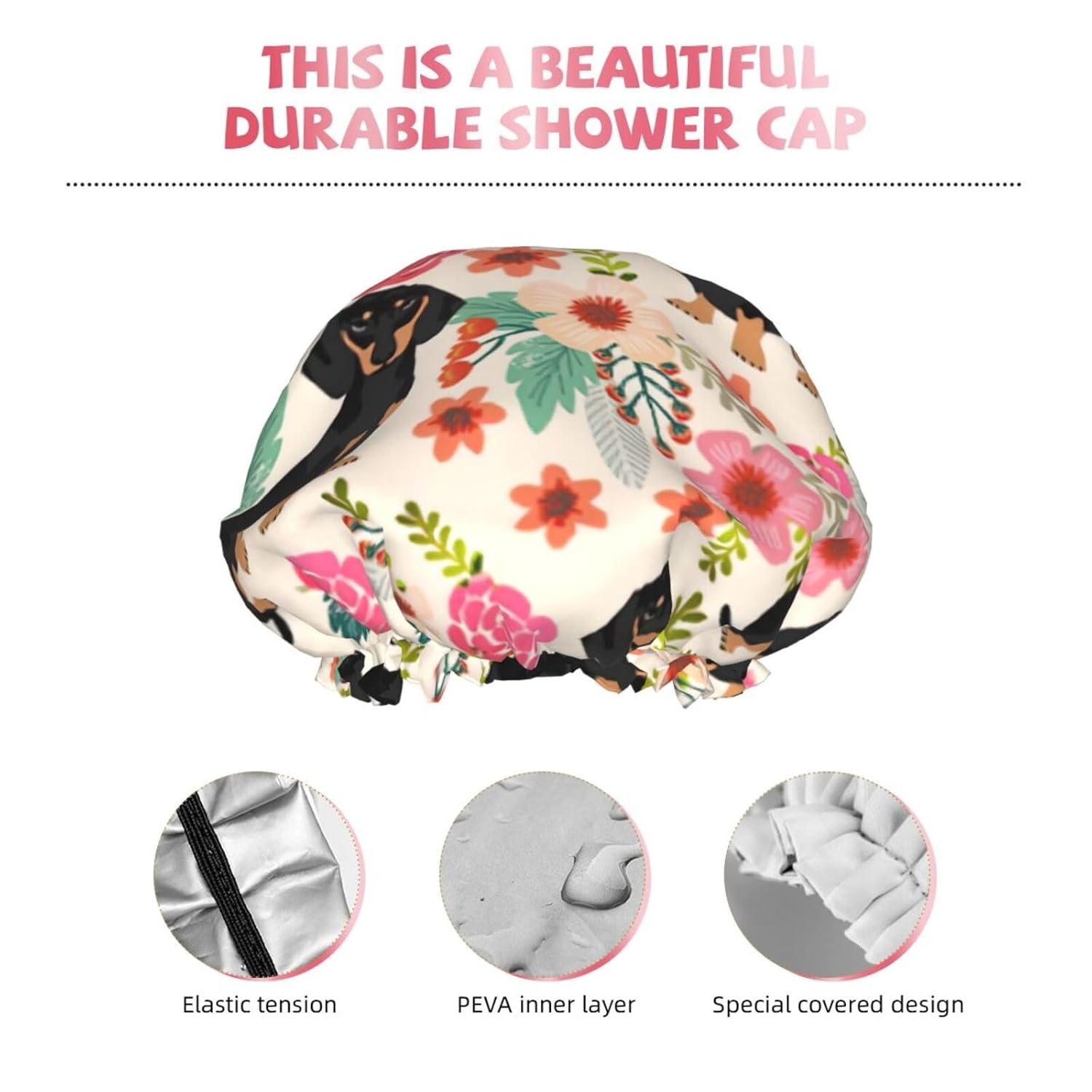 Gorro de ducha floral para mujer, elástico y reutilizable, doble capa impermeable