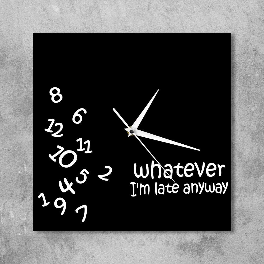 Whatever I’m Late Anyway – Reloj de pared cuadrado con números revueltos, divertido, moderno, silencioso, sin tictac, reloj de pared colgante para