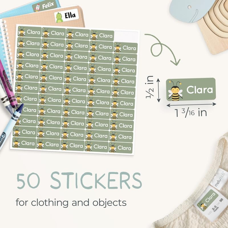 melu kids Etiquetas de nombre para niños, ropa y artículos (50), etiquetas de nombre autoadhesivas, etiquetas personalizables impermeables (1.2 x