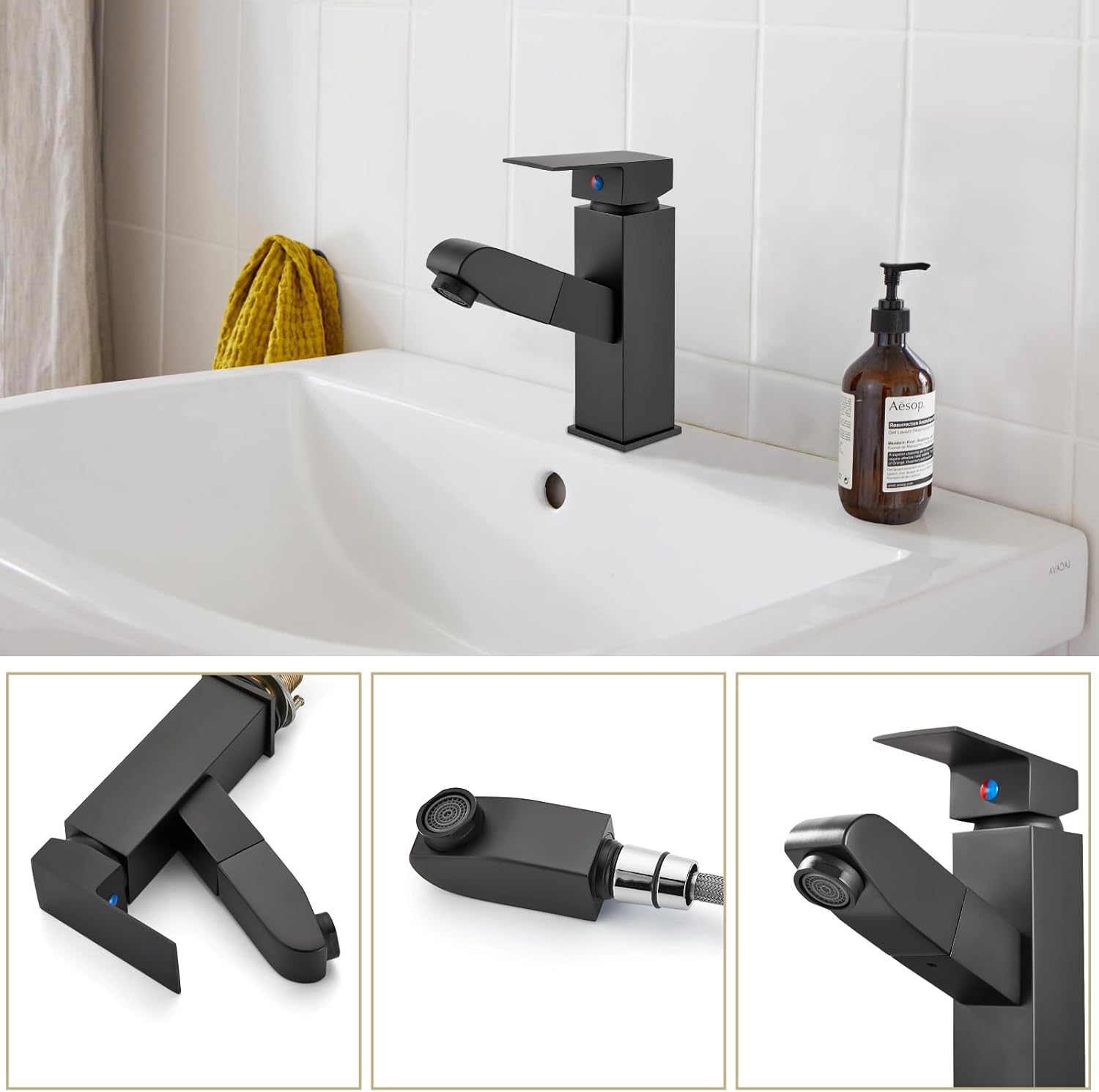 Grifo de lavabo de baño negro mate, rociador extraíble de un solo mango, un agujero, moderno lavabo de tocador de caravana, manguera de suministro