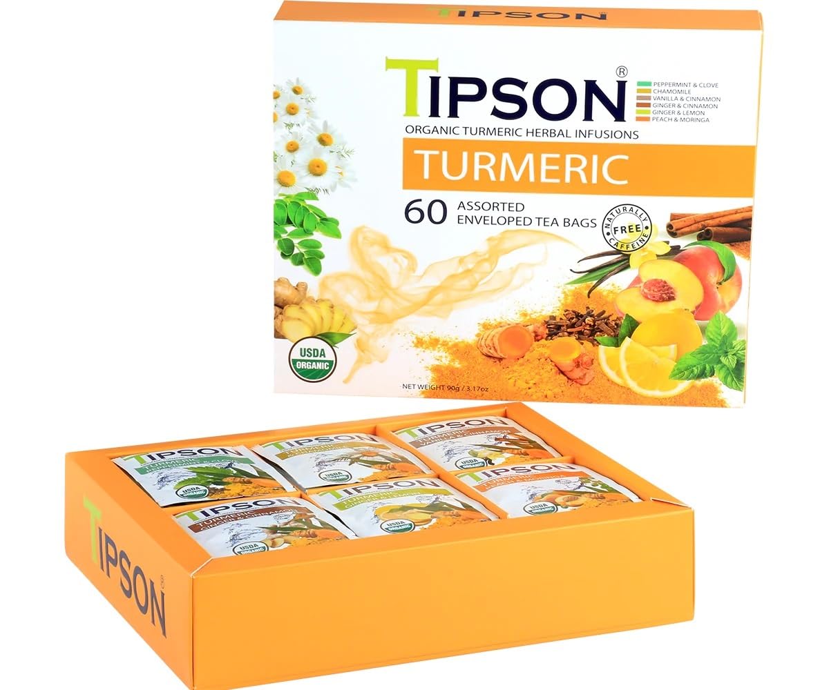 Tipson Té de hierbas de cúrcuma orgánica, 6 sabores surtidos, 60 bolsas de doble cámara con envoltura de aluminio, superalimento antioxidante, sin