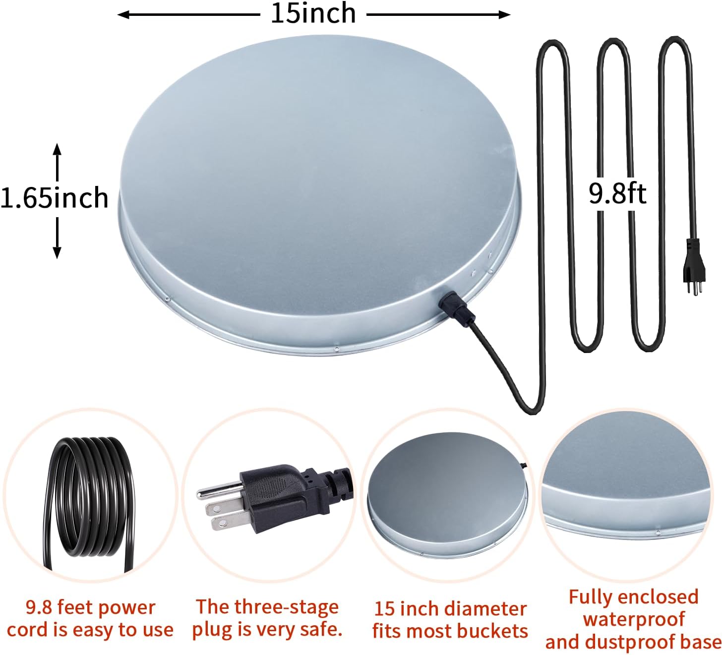 Calentador de agua de pollo de 15 pulgadas, base grande de agua para aves de corral calentada de 125 vatios para 5 galones, con termostato y cable