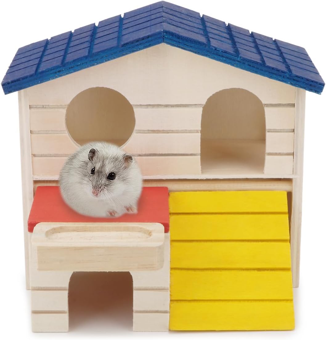 Cabaña de escondite para hámsteres pequeños Animales de dos capas Casa de madera para ratones Gerbo Rata enana Jaula de hámster Juguete de ejercicio