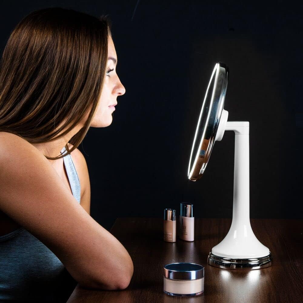 mDesign Espejo de tocador de baño con sensor de movimiento moderno con luz LED, redondo grande de 8 pulgadas, aumento 3X, manos libres, recargable e