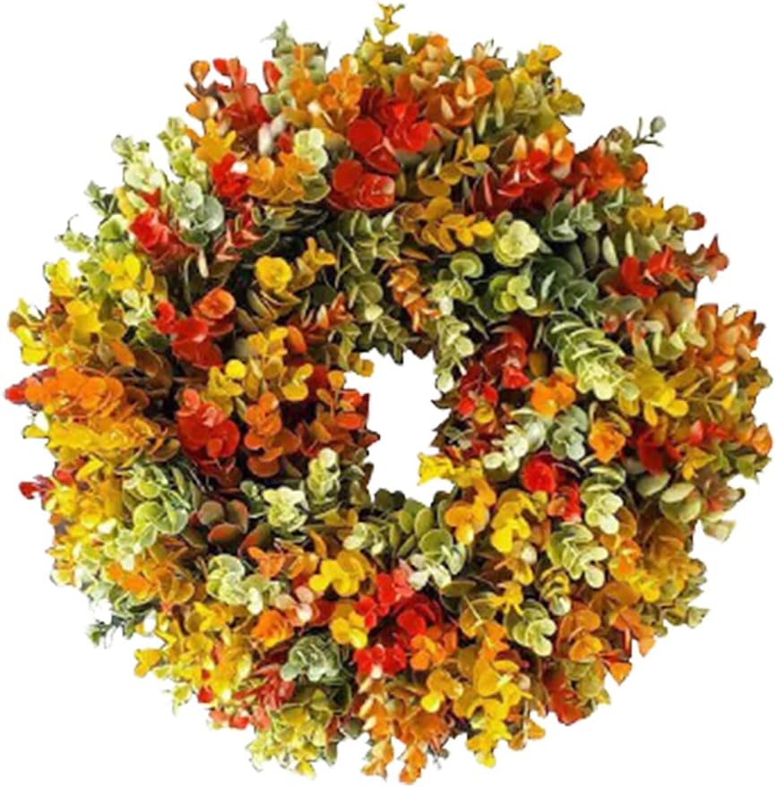 Corona de otoño de simulación de corona de otoño, guirnalda colorida de eucalipto de otoño para puerta delantera, decoración de Acción de Gracias (1)