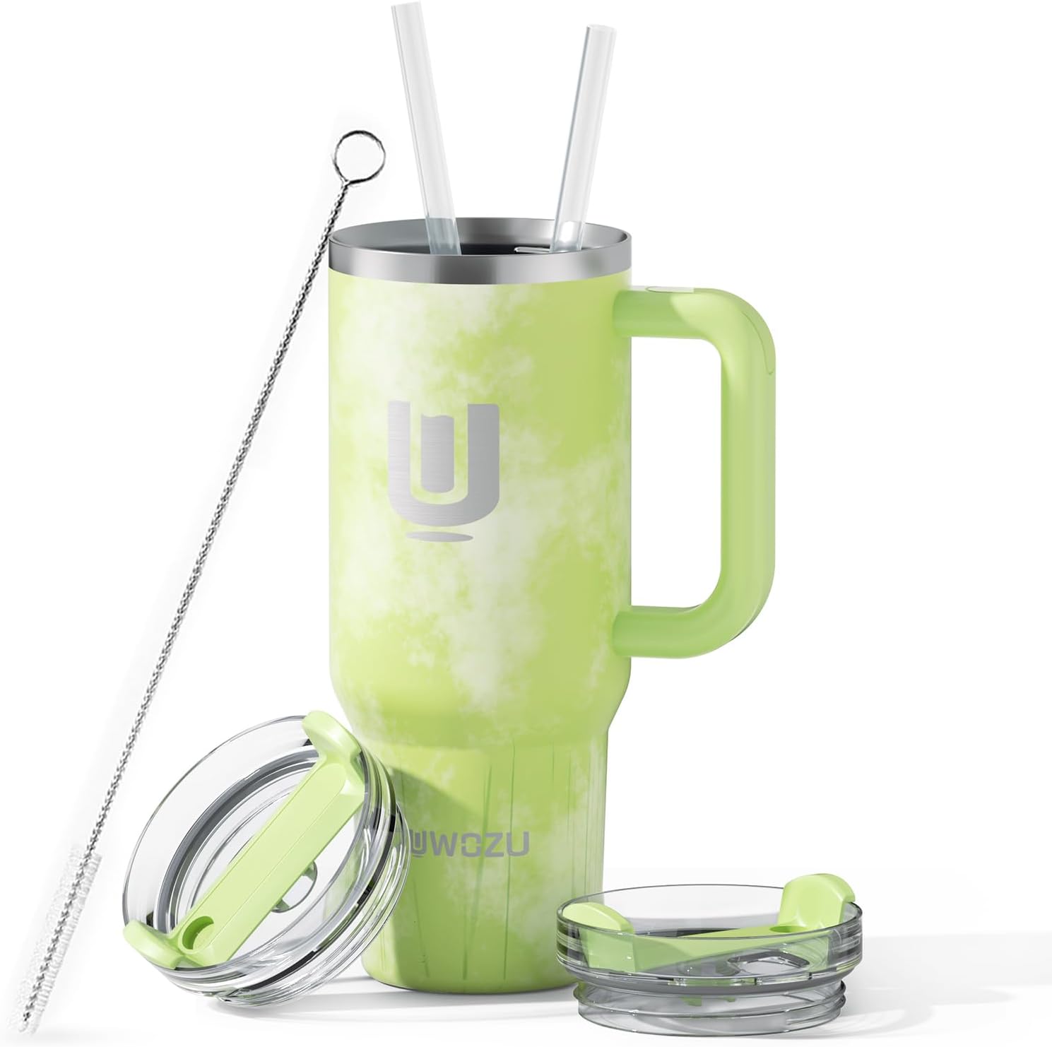 ZUWOZU Vaso de acero inoxidable con aislamiento al vacío con tapa y pajilla, de 40 oz, con asa y pajilla, 2 tapas, taza de viaje para café helado,