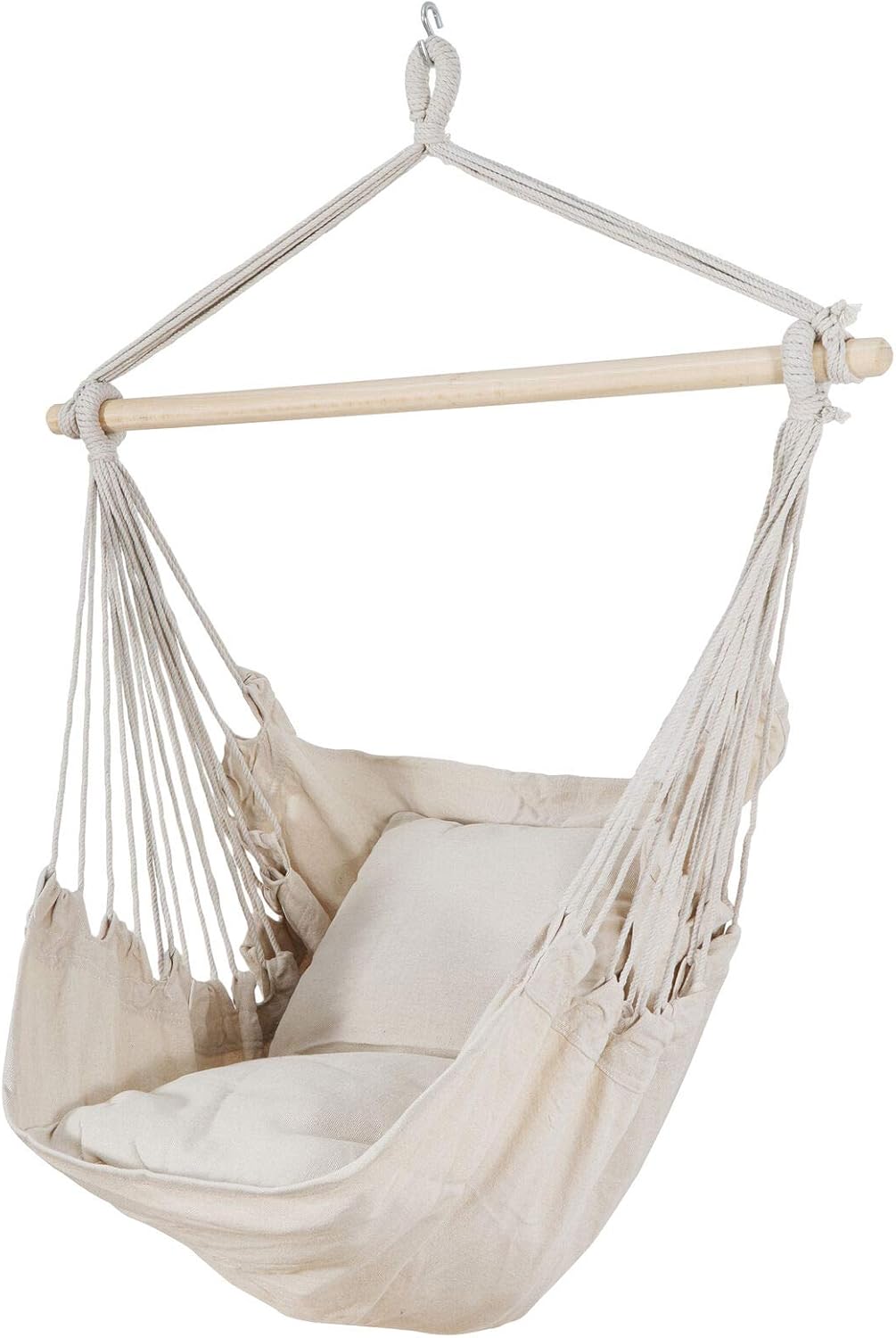 Silla hamaca beige columpio colgante de cuerda silla de red porche patio con 2 cojines