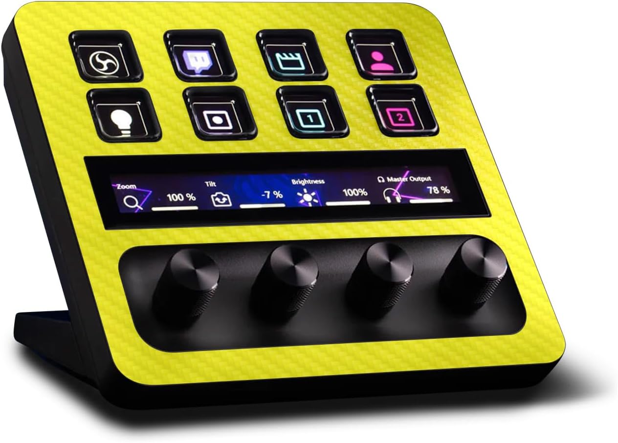 MightySkins – Piel de fibra de carbono compatible con Elgato Stream Deck + – Amarillo sólido  Acabado de fibra de carbono texturizado protector y