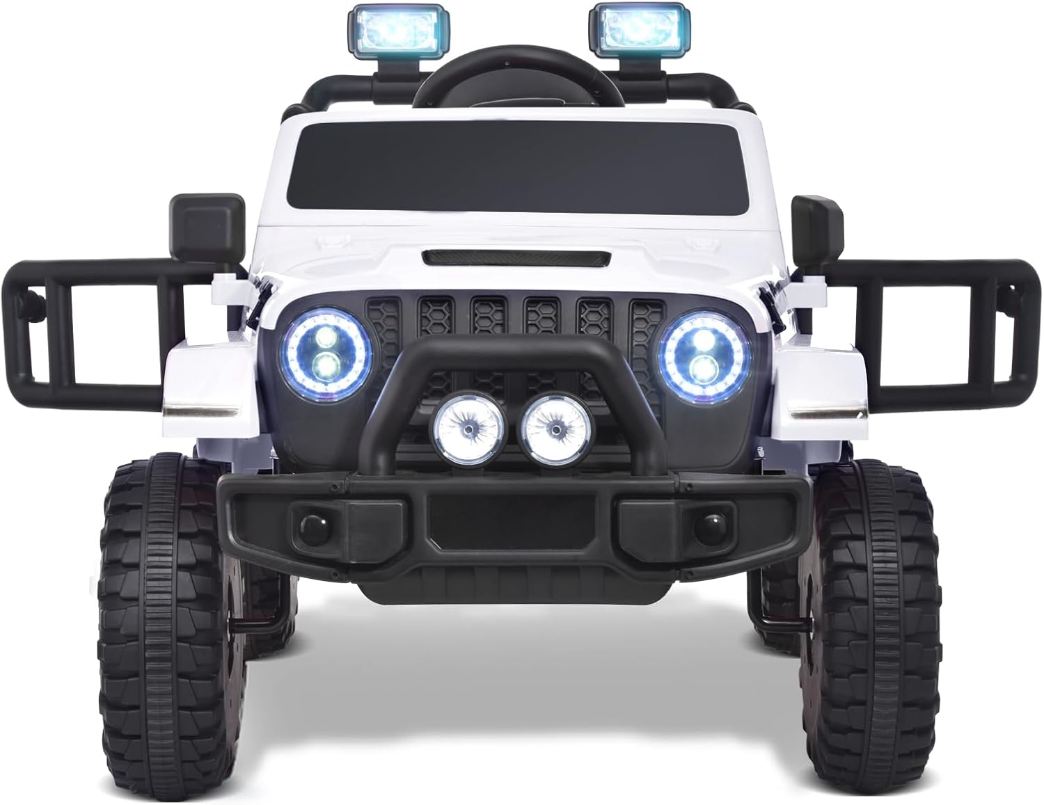 Joywhale Vehículo eléctrico motorizado para niños de 12 V, con control remoto, suspensión de 4 ruedas, luces LED, música y FM, cinturón de