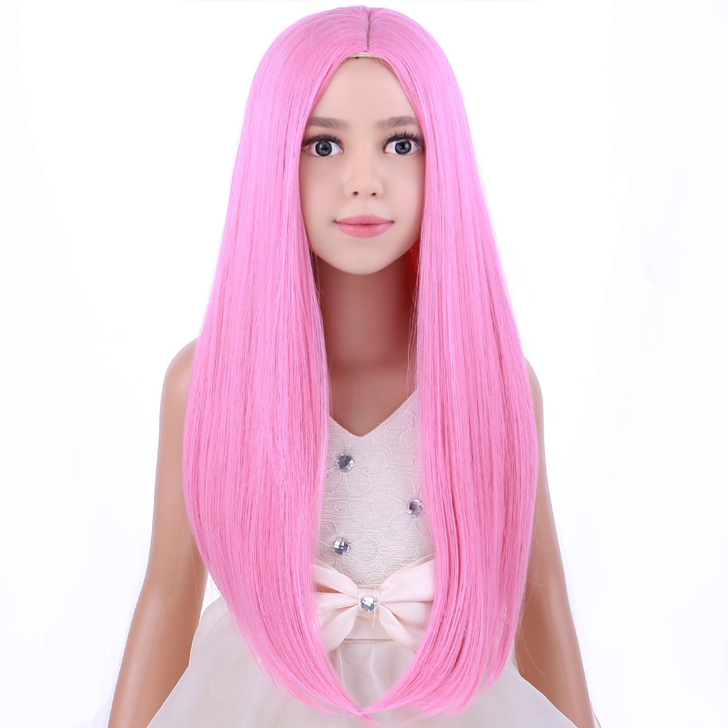 Peluca rosa larga y recta para niños, peluca rosa larga y recta para niñas, pelucas sintéticas largas con gorra de peluca