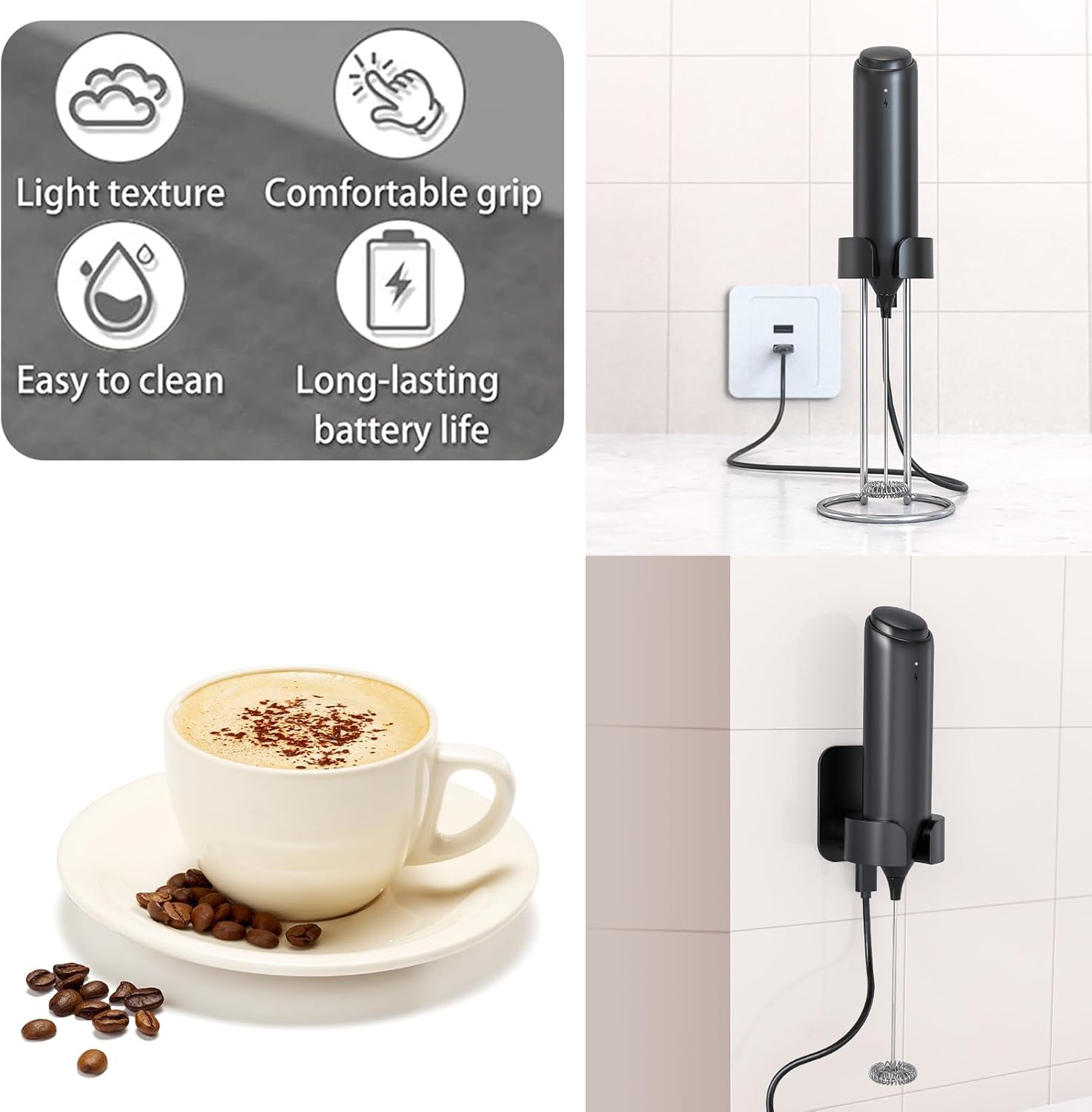 Espumador de leche de mano, espumador de leche recargable montado en la pared, espumador de leche eléctrico de mano para latte, matcha, proteína en