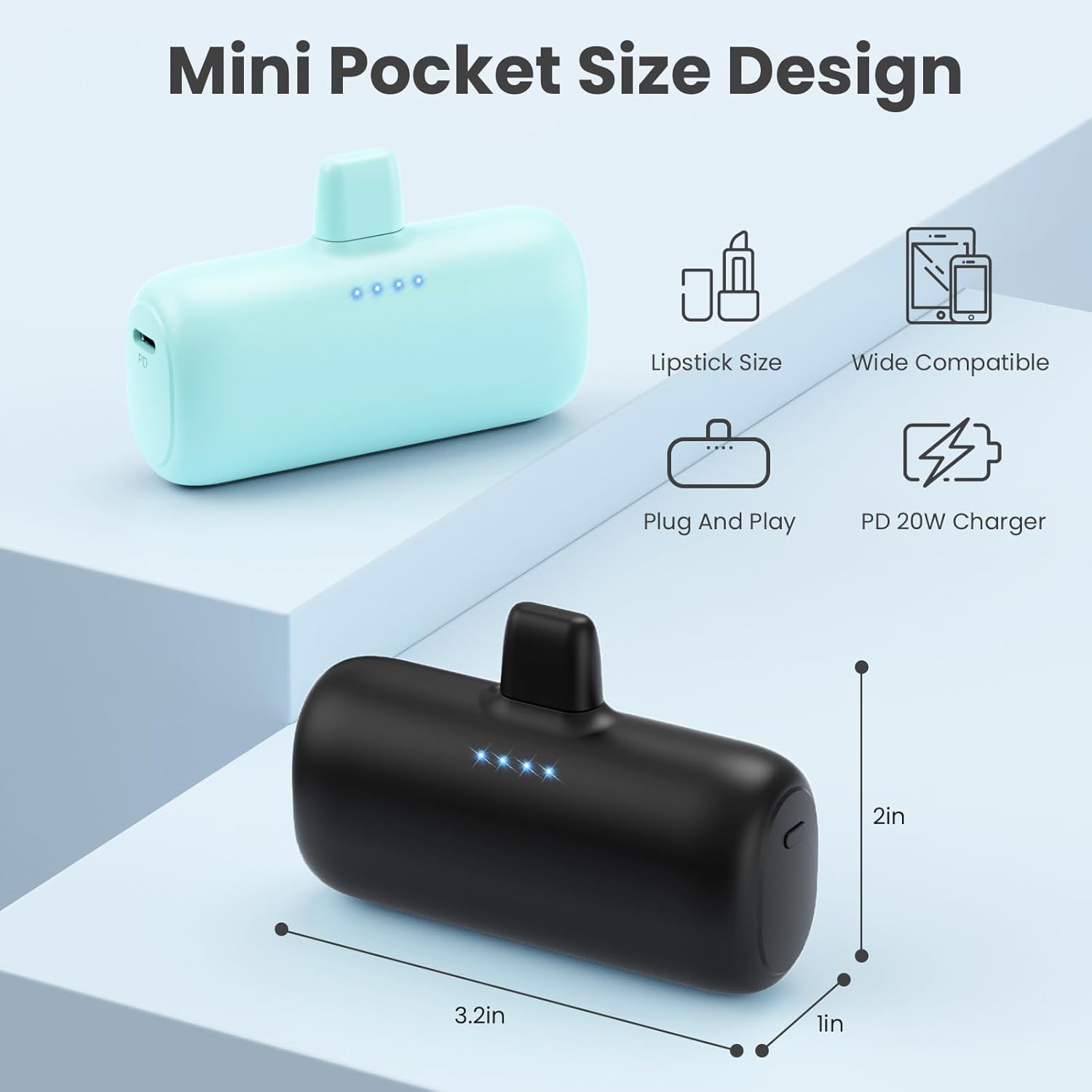 Paquete de 2 Mini cargador portátil para iPhone, 5200 mAh ultra compacto PD carga rápida, cargador de batería enchufable, cargador de teléfono
