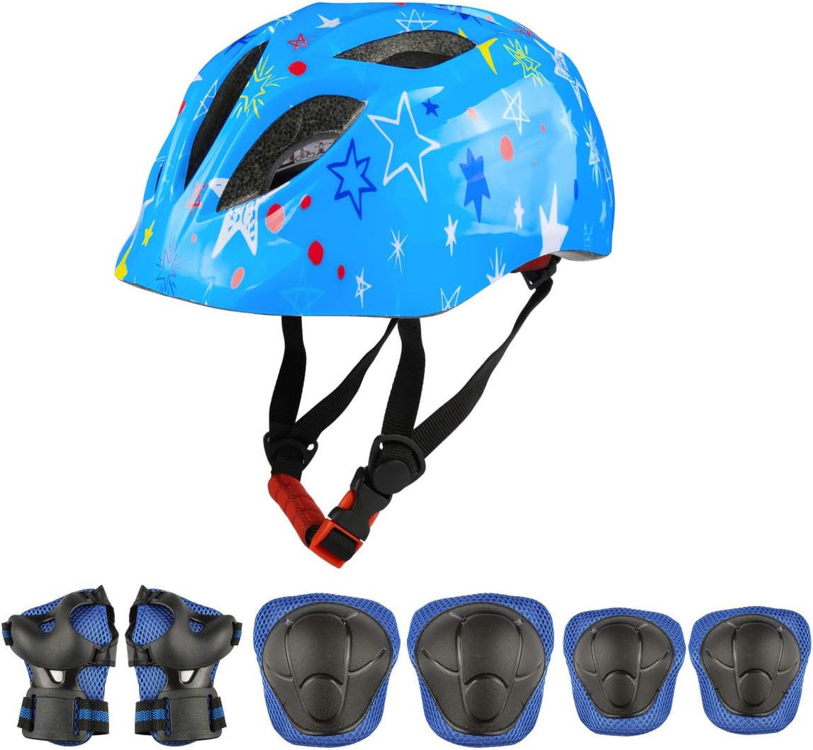 Juego de protectores de casco para niños y niñas de 3 a 7 años de edad para ciclismo y casco ajustable (casco + 2 rodilleras + 2 coderas + 2