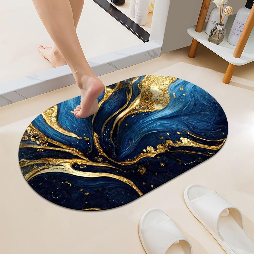 Alfombra de baño con textura de mármol azul y dorado, súper absorbente, de secado rápido, parte inferior de goma antideslizante, fácil de limpiar,