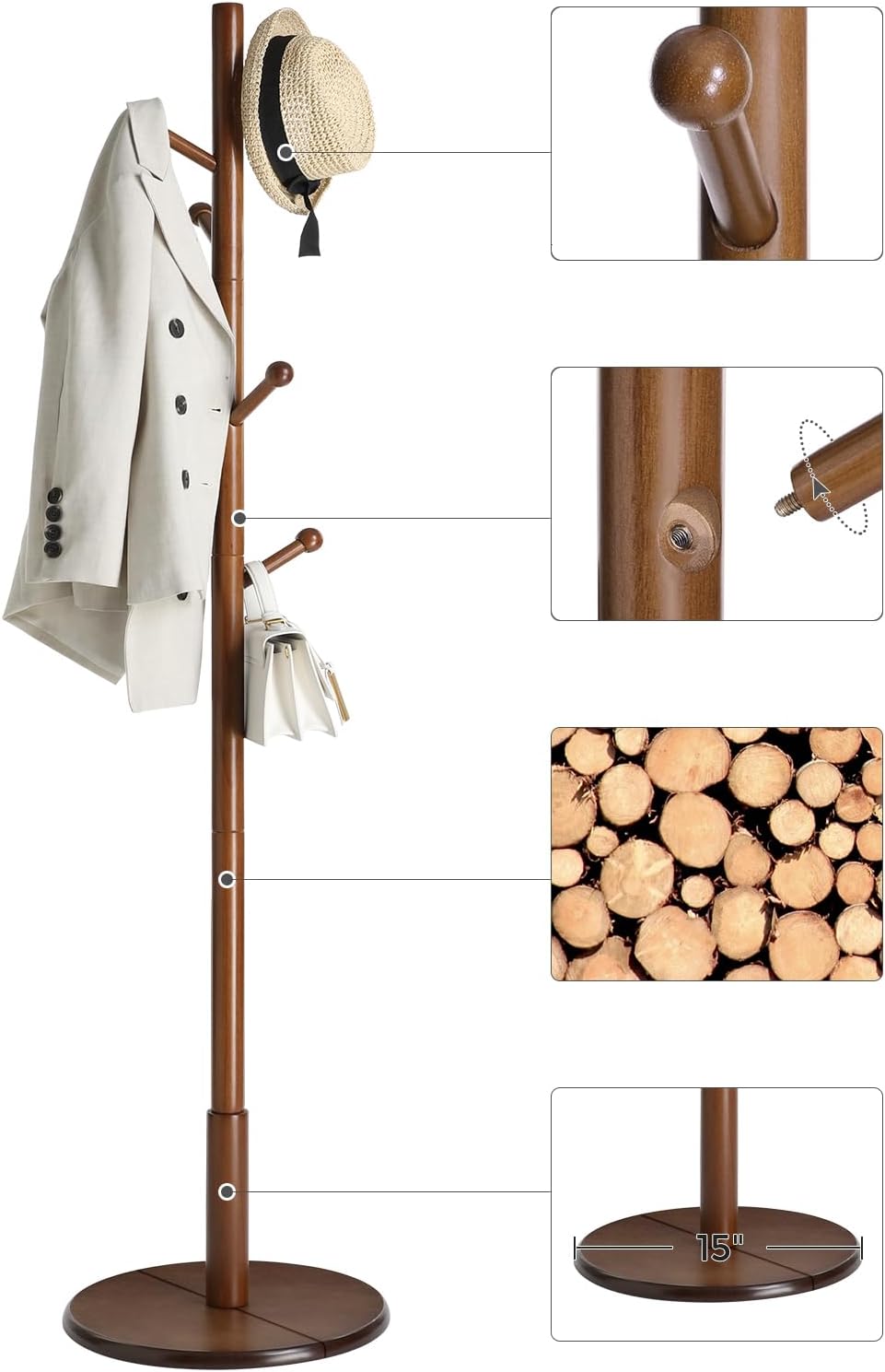 VASAGLE Perchero de madera maciza, árbol de pasillo de madera, perchero con 7 ganchos redondeados, base redonda estable, 3 opciones de altura, para