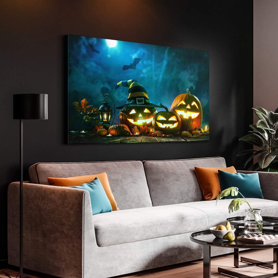 Denozer – Lienzo decorativo para pared, diseño de farol de calabaza de Halloween, para decoración de pared del hogar, estirado y enmarcado, listo