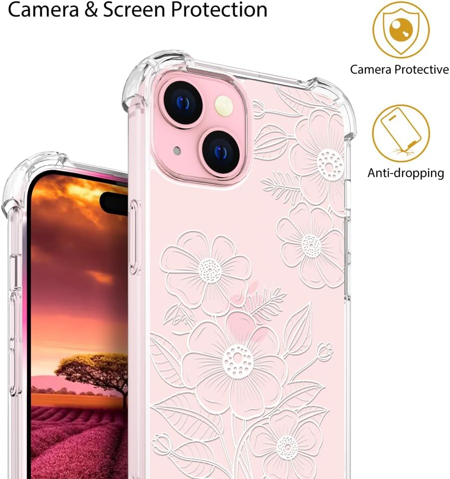 Funda compatible con iPhone 15 Plus, linda flor floral transparente para mujeres, diseño femenino, funda transparente de diseño floral, compatible
