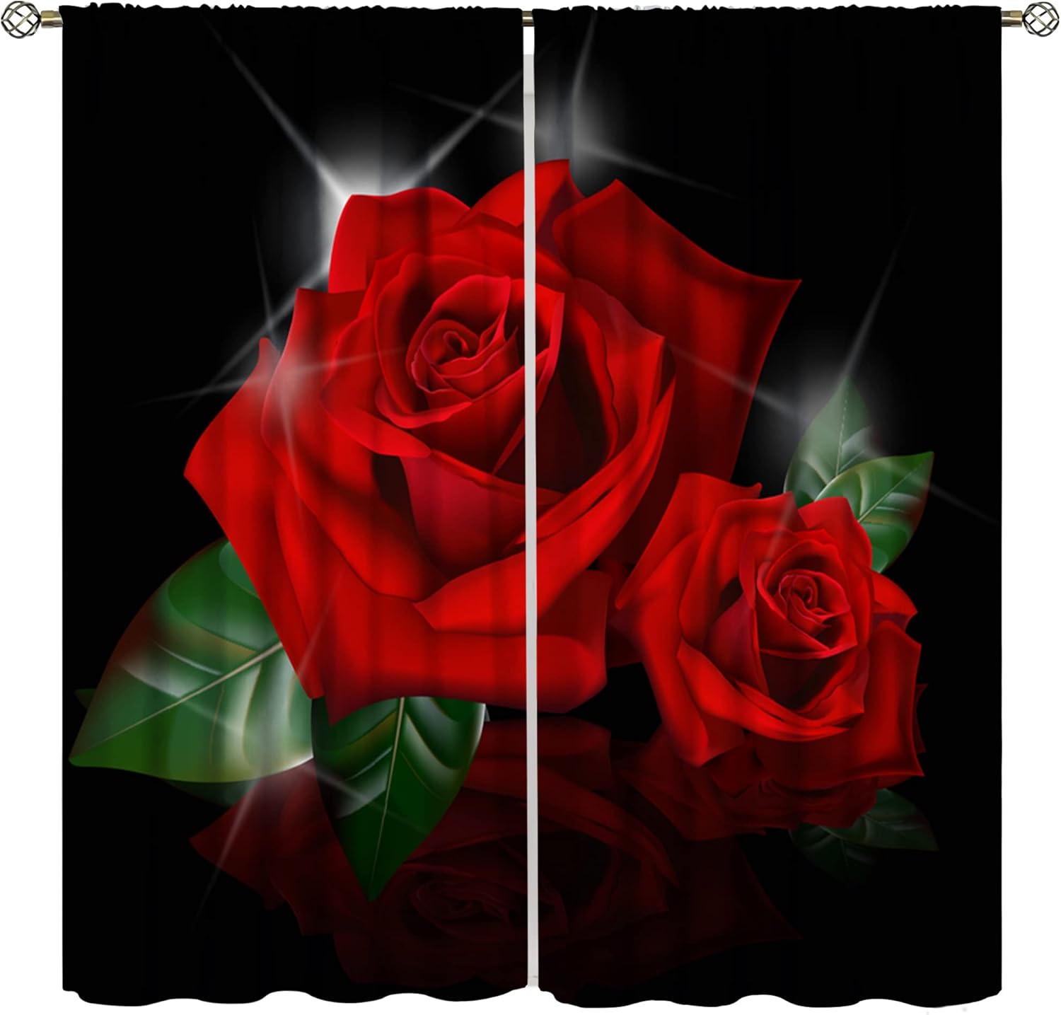 Cortinas de rosas rojas, con estampado romántico de rosas de San Valentín, color rojo burdeos y negro, para mujeres y niñas, decoración del hogar, 2