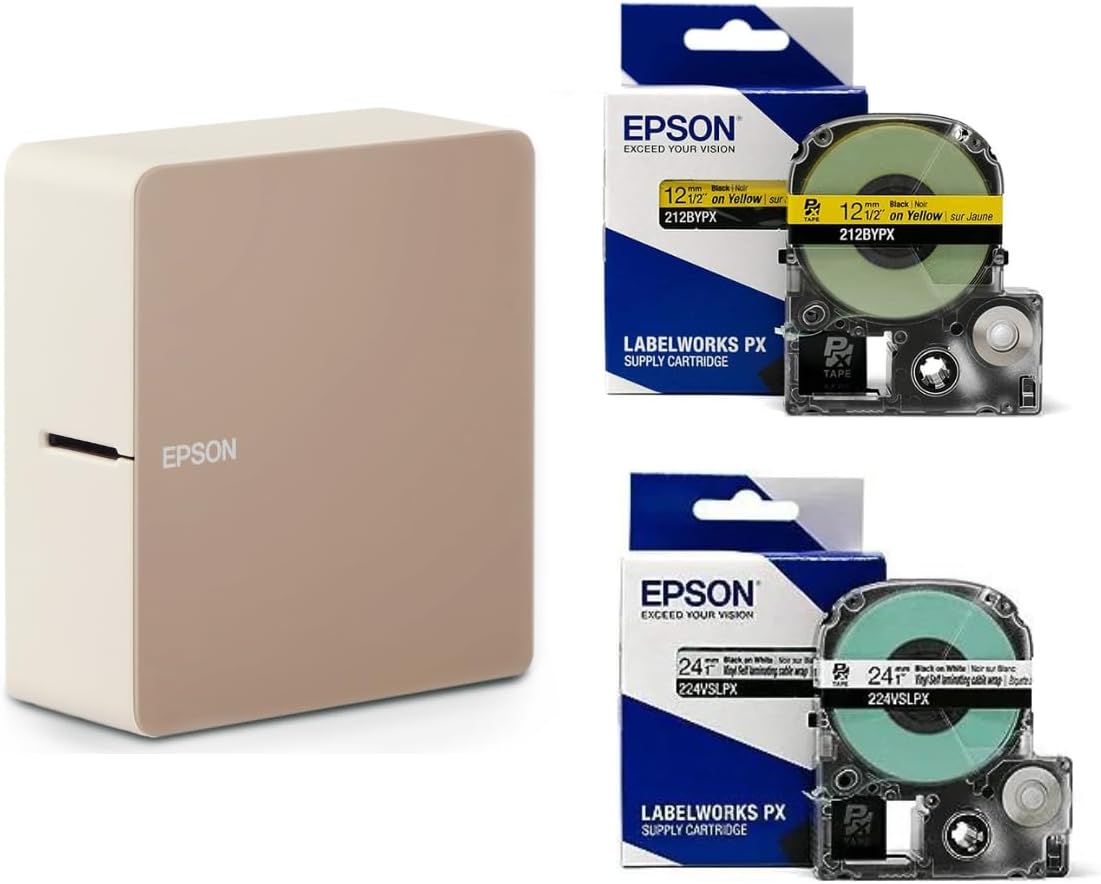 LABELWORKS Epson LW-C610PX Paquete de regreso a clases – Etiquetadora y cinta de etiquetas amarilla y blanca
