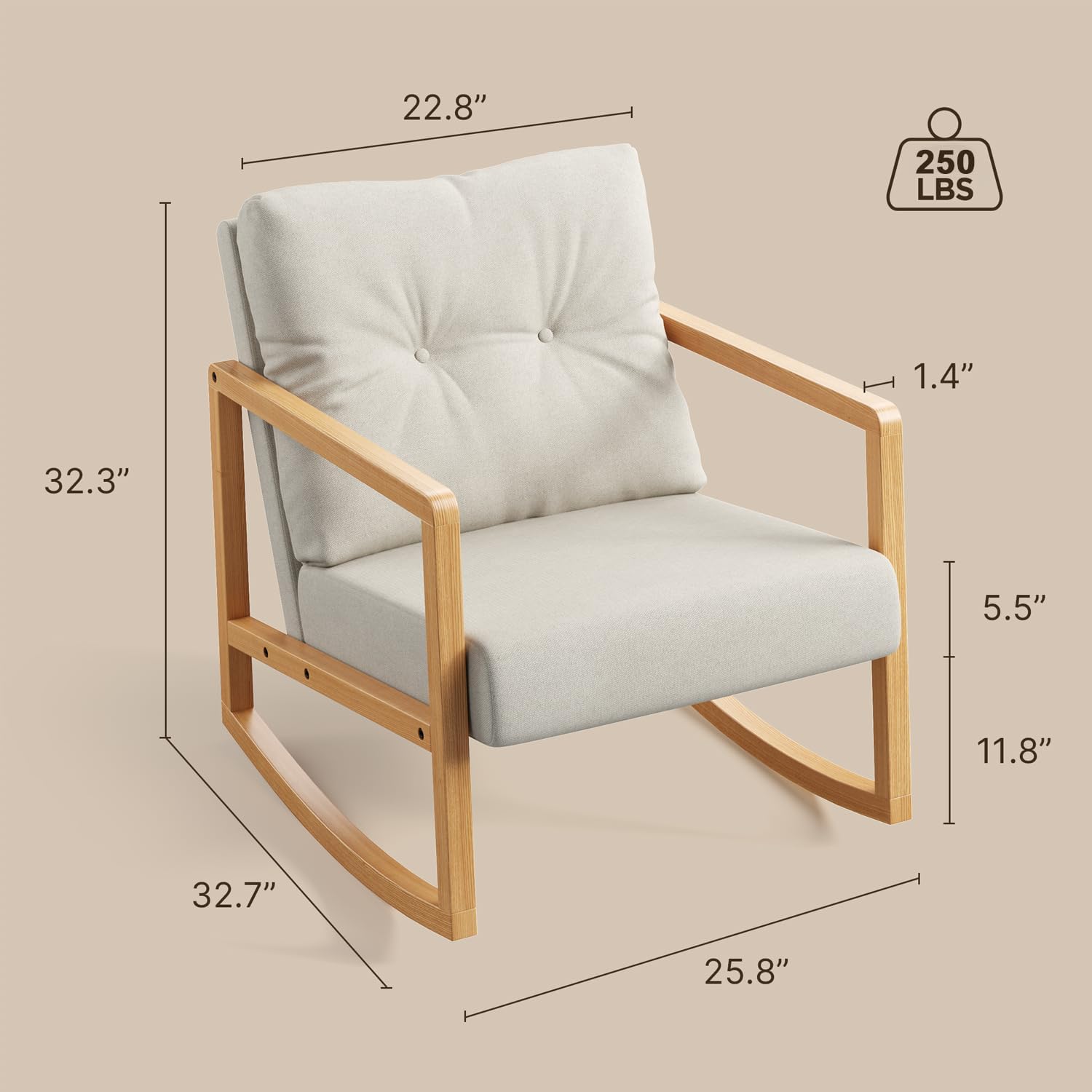 Gizoon Mecedora decorativa de mediados de siglo, silla tapizada de lino, sillón reclinable individual con almohada trasera extra, marco de madera