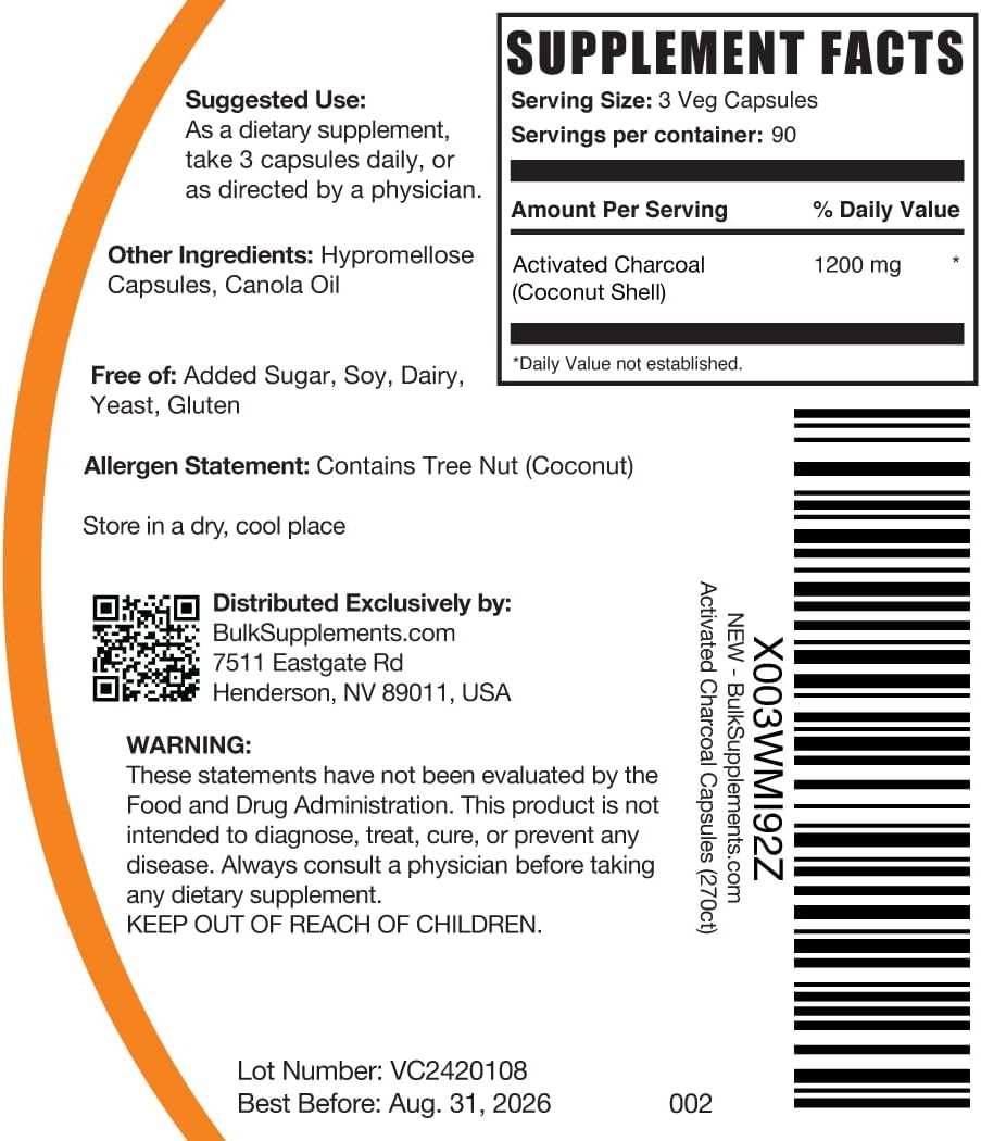 BulkSupplements. Com Cápsulas de carbón activado, carbón de coco, carbón activado para apoyo renal, píldoras de carbón activado, vegano, 3 cápsulas