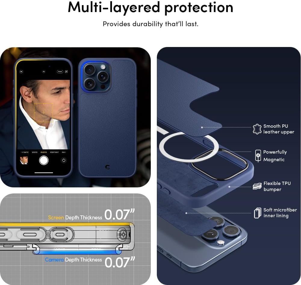 CYRILL Kajuk Mag – Funda de cuero compatible con iPhone 15 Pro Max (2023), funda de cuero vegano de alta calidad, color azul con forro protector de
