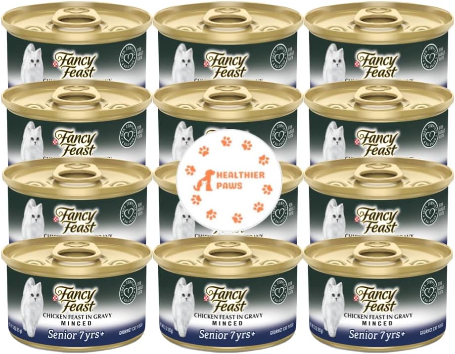 Fancy Feast – Alimento húmedo para gatos con alto contenido de proteínas, pollo picado en salsa para personas mayores, paquete de 12 latas (3 onzas)