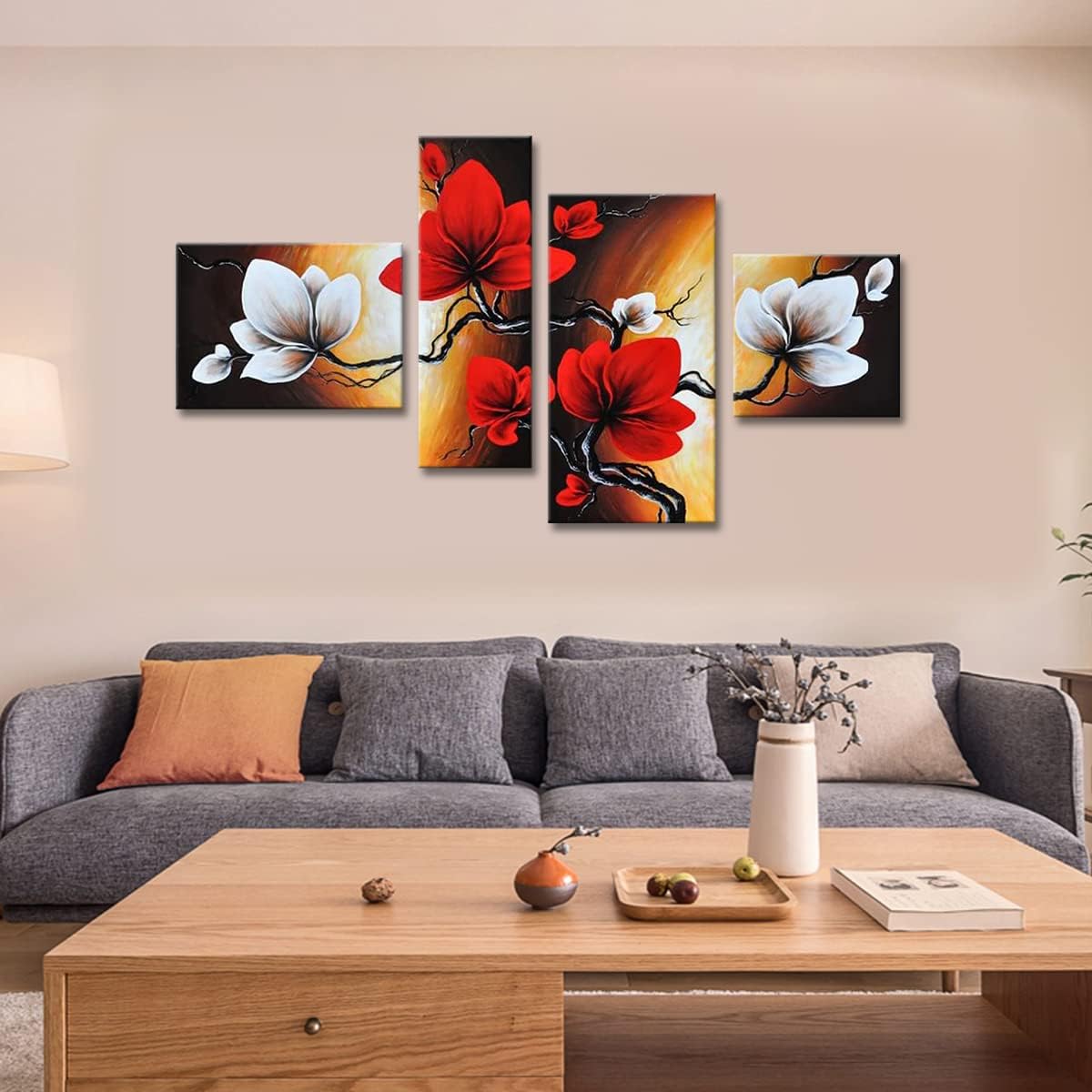 Noah Art – Lienzo pintado a mano con flores, flores de primavera y tulipán, pinturas modernas de flores, 4 paneles estirados de flores rojas,
