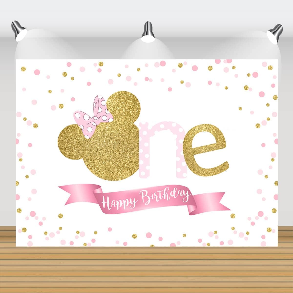 Telón de fondo de 1er cumpleaños de ratón rosa y dorado para niñas, caricatura, lunares, fiesta de primer cumpleaños, decoración de fotos,