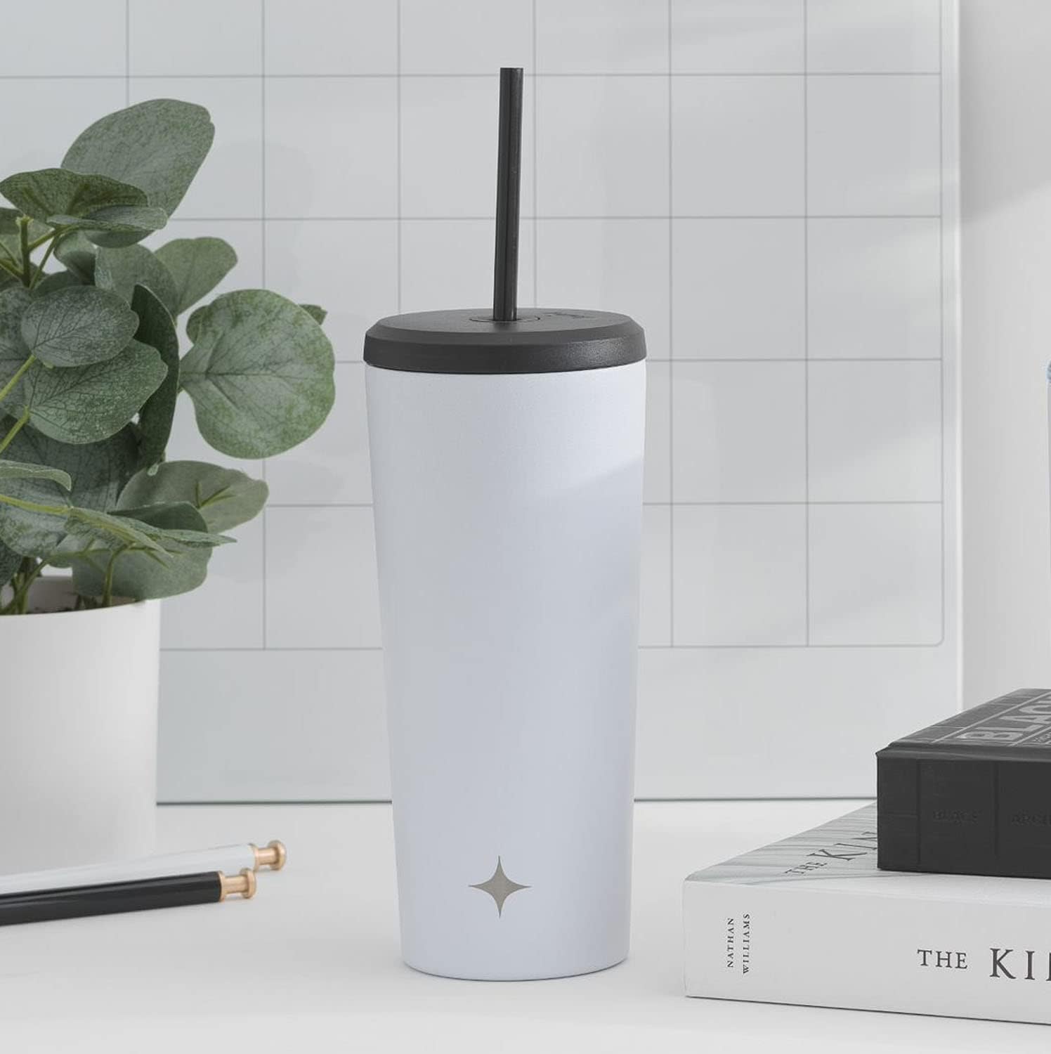 JoyJolt Vaso aislado al vacío de 24 onzas con tapa y popote (2 de cada uno) vaso de acero inoxidable de doble pared al vacío, con forro de cobre