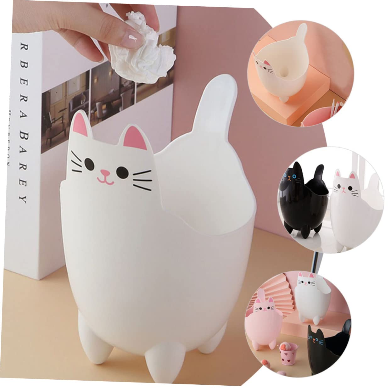 STOBAZA Bote de basura con forma de gato de escritorio, pequeño bote de basura con tapa de cubo de basura de plástico, cubo de basura decorativo,