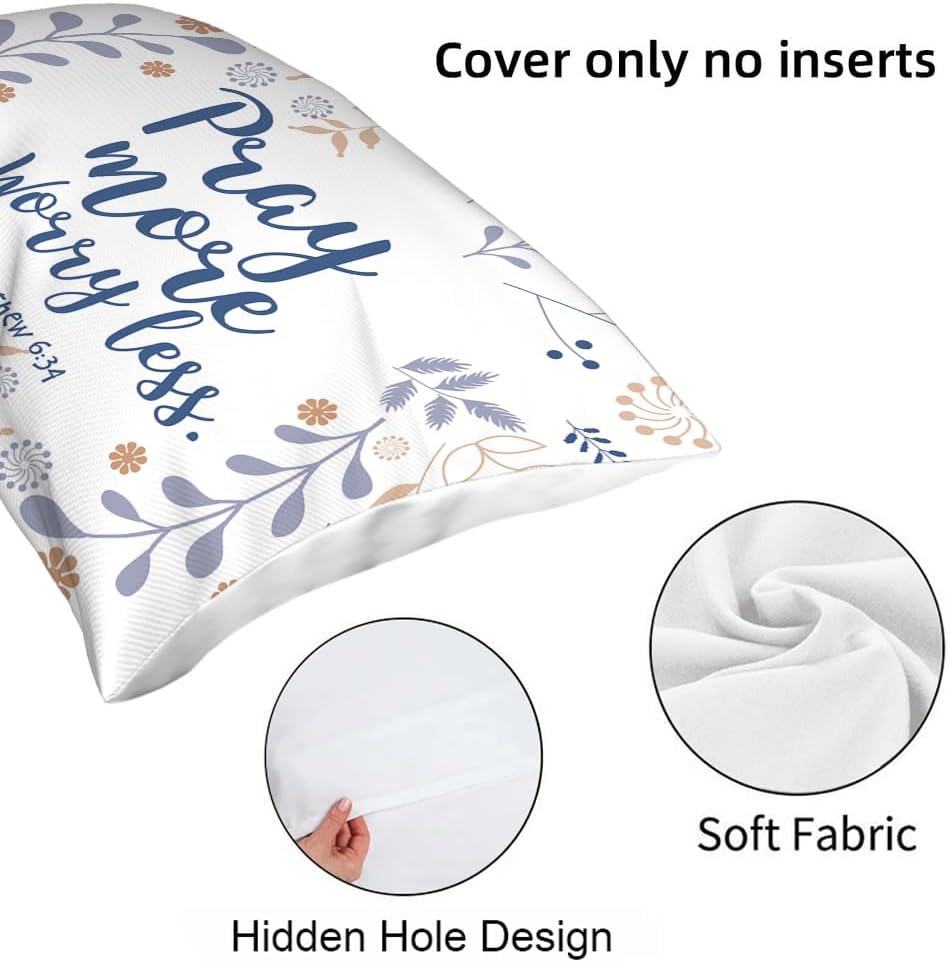 Funda de almohada rectangular con cita bíblica con diseño floral de Pascua, con frase en inglés “Pray More Worry Mens”, funda de cojín rectangular