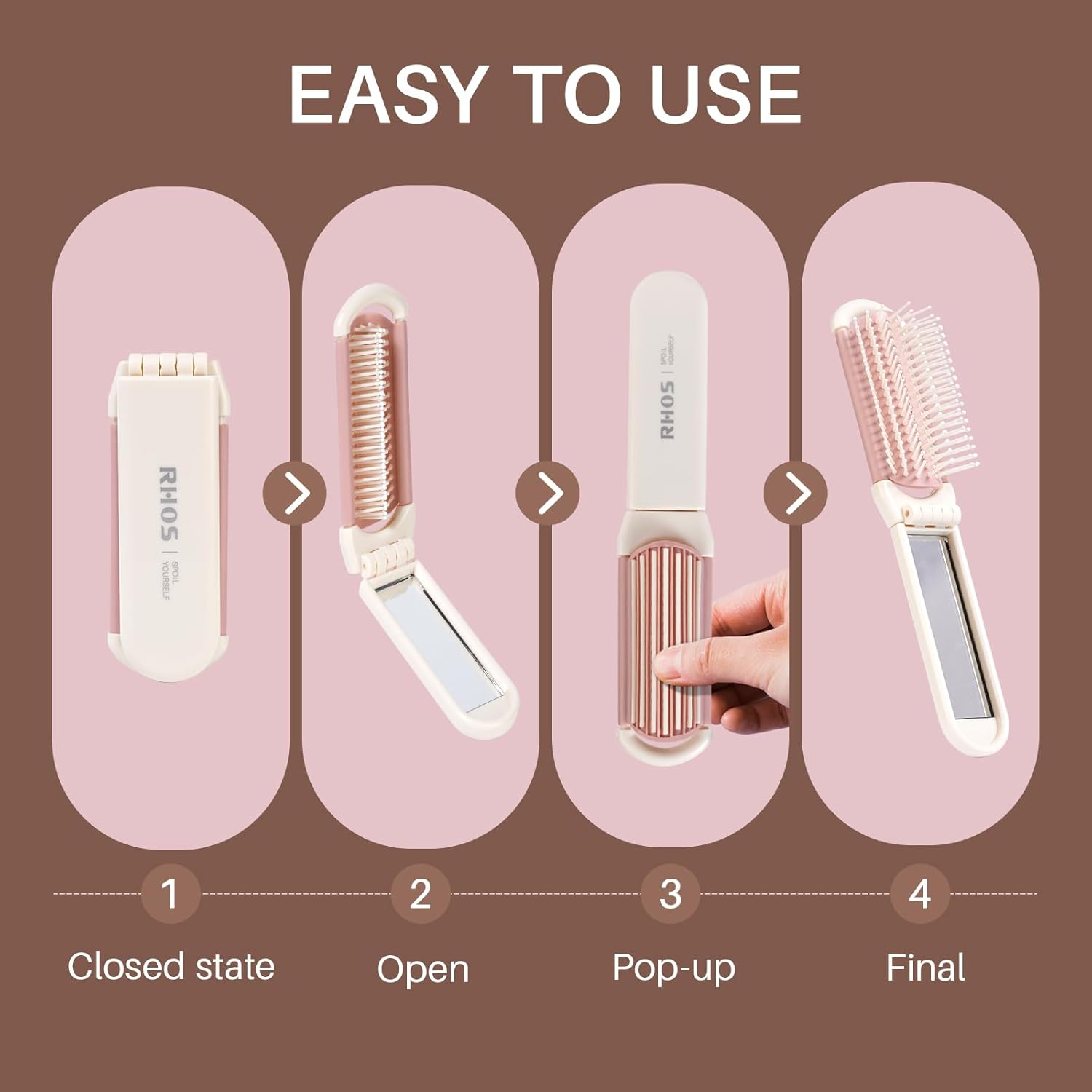 RHOS Cepillo plegable con espejo para mujeres y niñas, mini cepillo portátil para el cabello, cepillo de pelo de bolsillo pequeño con cerdas de