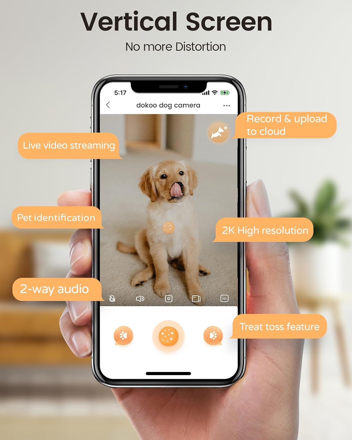Cámara para perros con dispensador de golosinas, cámara de visión de 330 para mascotas con cámara HD de 2K4MP, cámara Wi-Fi de 2.4 GHz para gatos
