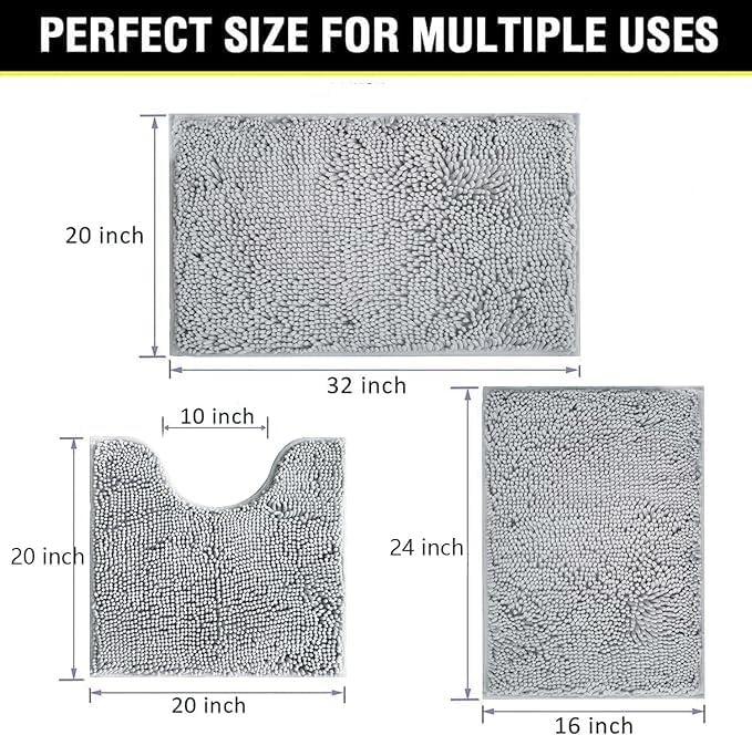 Juego de 3 tapetes de baño de felpilla, superabsorbentes, parte trasera antideslizante de PVC fuerte, tapetes de baño para baño, felpa peluda,