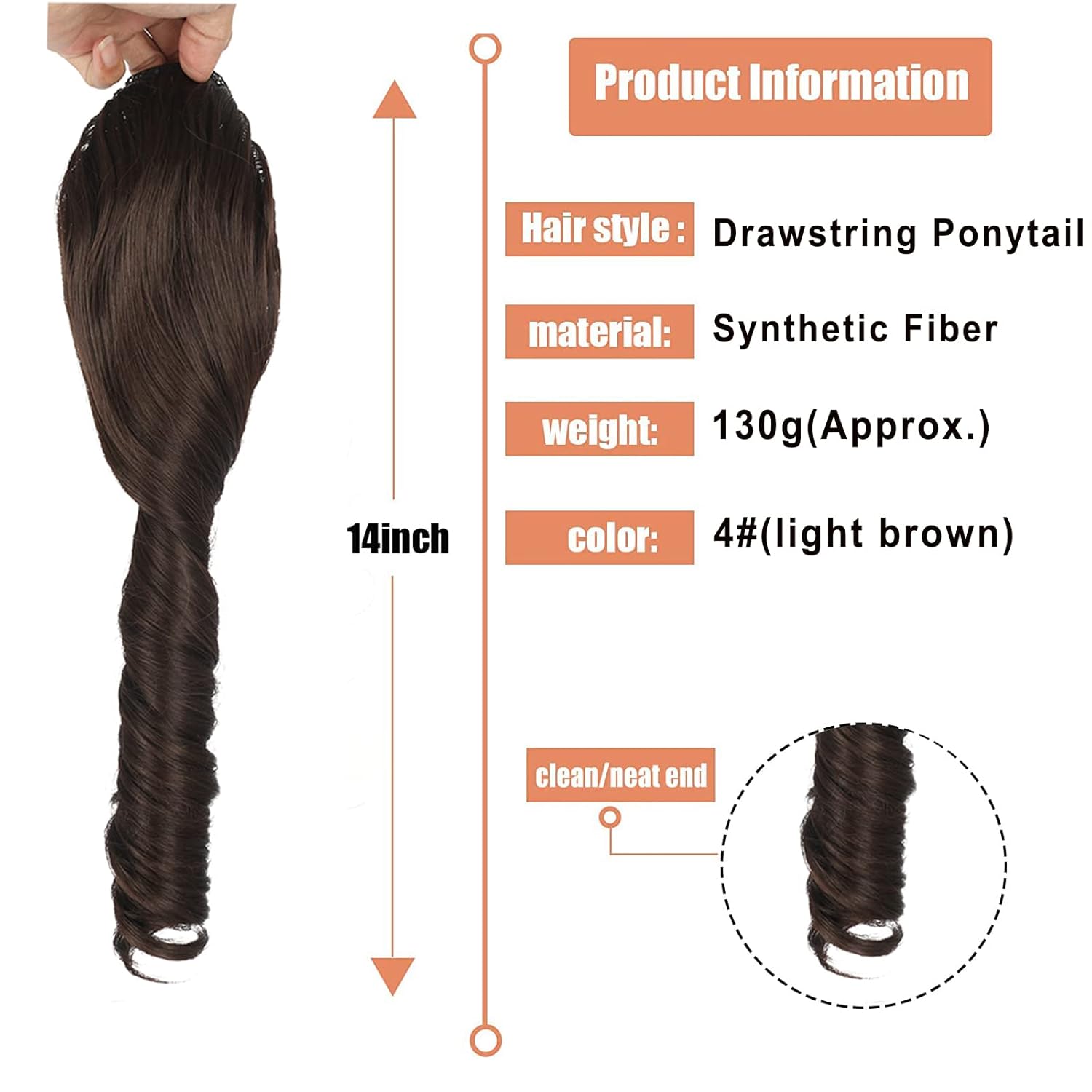 Oseti Extensión de cola de caballo rizada de 14 pulgadas, extensiones de cabello sintético corto ondulado marrón con cordón para mujer, extensiones