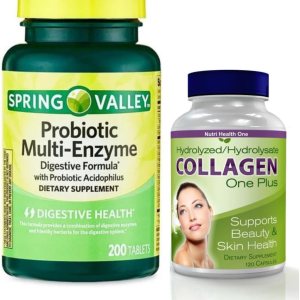 Spring Valley Comprimidos probióticos multienzimáticos de fórmula digestiva, 200 unidades en total. + Bono (1) colágeno One Plus para belleza y Spring Valley Comprimidos probióticos multienzimáticos de fórmula digestiva, 200 unidades en total. + Bono (1) colágeno One Plus para belleza y